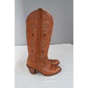 Dingo Western Cowboy Boots Tan Leather Size 6 1/2 Womens Inlay Heel Vintage